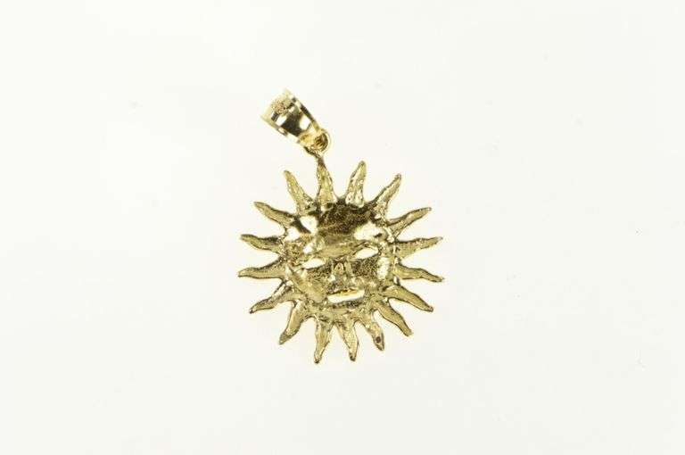 14K Yellow Gold Sun Face Ornate Celestial Motif Astrology Pendant