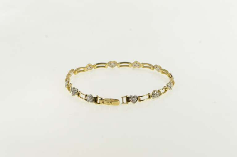 10K Yellow Gold Diamond Pave Heart Love Symbol Tennis Bracelet