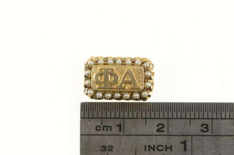 10K Yellow Gold Phi Alpha Victorian Seed Pearl Greek Lapel Pin/Brooch