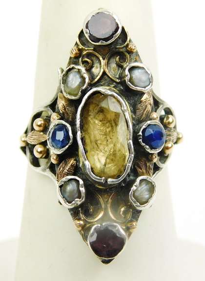 Spectacular Vintage Sterling & 14K Gold Gemstone Ring, 6