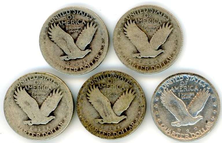 Five Different Silver Standing Liberty Quarters: 1926 to 1929-S