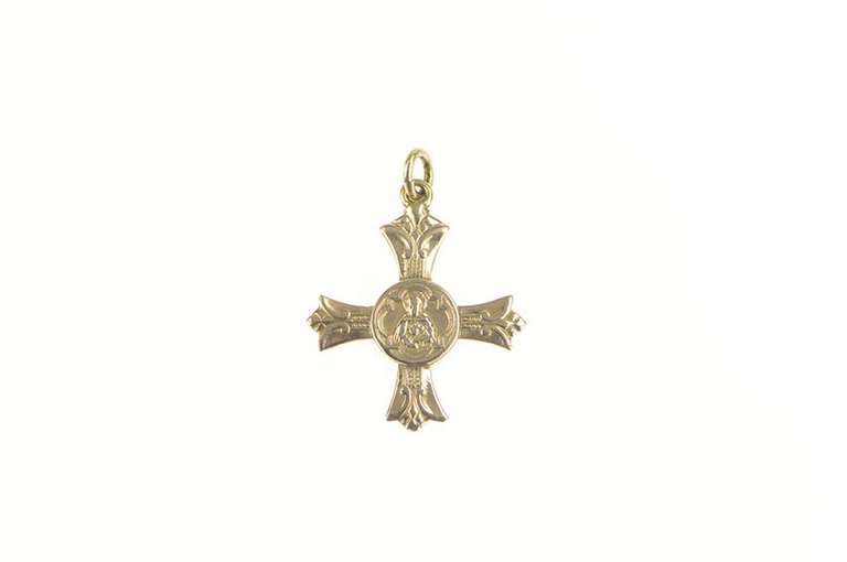 14K Yellow Gold Apostleship of Prayer Pope Prayer Cross Pendant