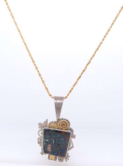Panteah Zuni Sterling Silver / 14kt Pendant on Yellow Gold Chain Necklace
