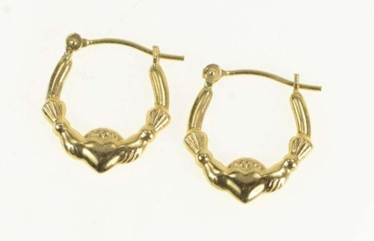 14K Yellow Gold 16.5mm Claddagh Heart Loyalty Symbol Hoop Earrings