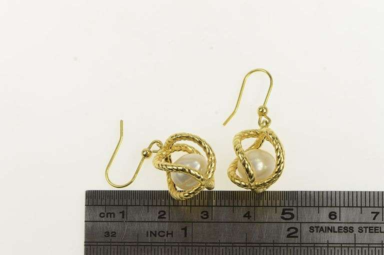 14K Yellow Gold Pearl Twist Cage Dangle Vintage Hook Back Earrings