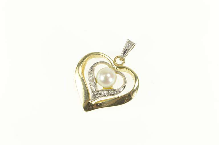 14K Yellow Gold Two Tone Diamond Pearl Heart Love Symbol Pendant