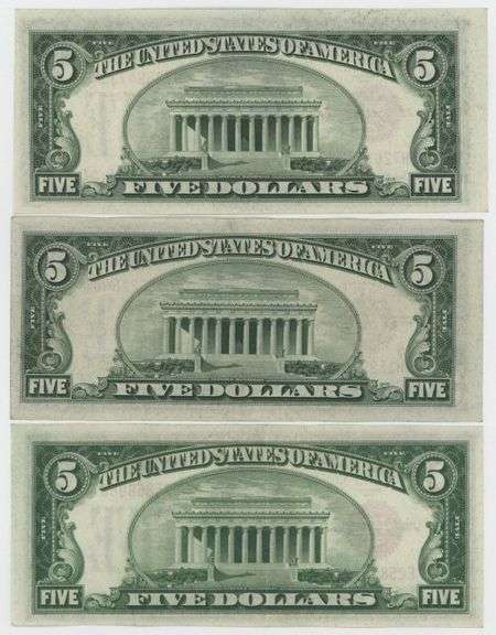 3 Crisp Near CU 1928 Series Small Size $5 Red Seal Notes