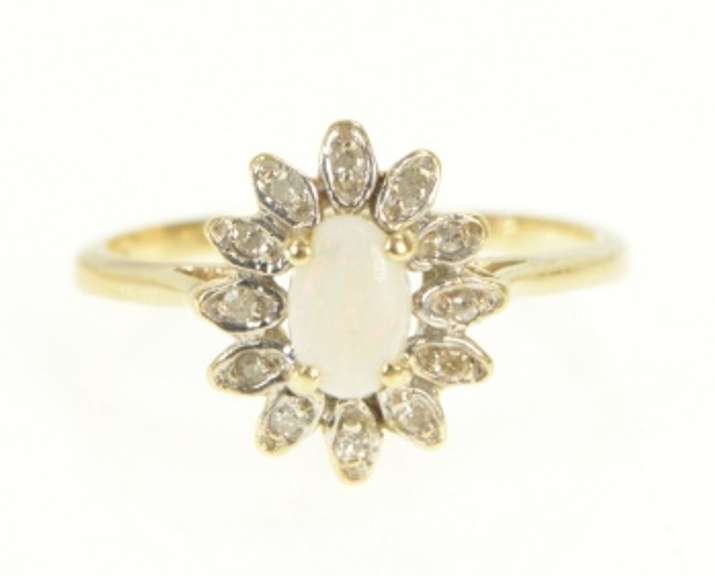 14K Yellow Gold Oval Natural Opal Diamond Halo Cocktail Ring