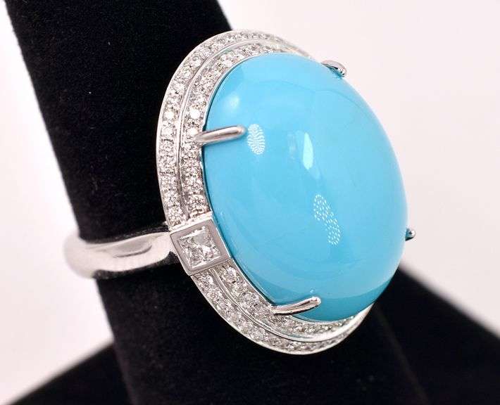 Wonderful Turquoise and Diamond Ring in 14K White Gold