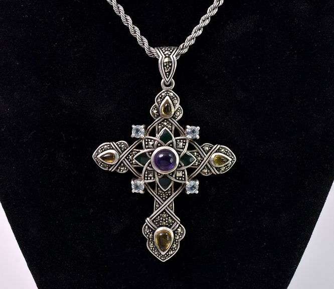 Mutli-Gem Cross Pendant Necklace In Sterling Silver