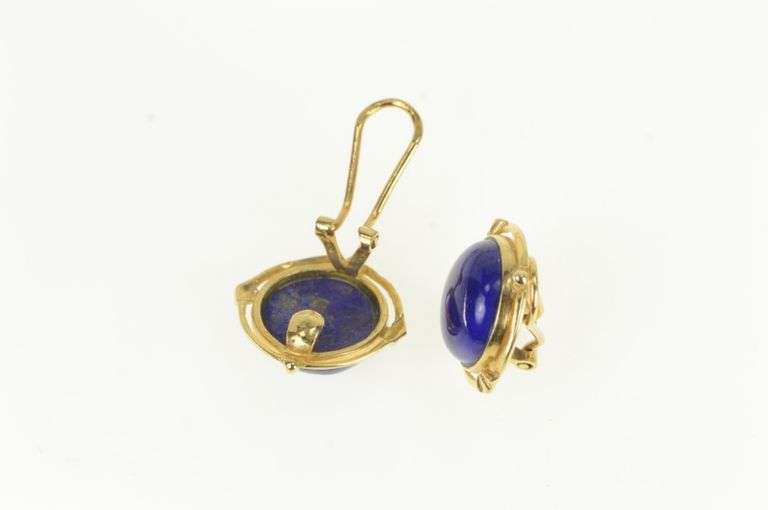 14K Yellow Gold Round Lapis Lazuli Cabochon Vintage Clip Earrings
