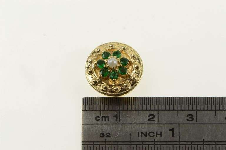 14K Yellow Gold Ornate Pearl Sim. Emerald Round Slide Charm Bracelet