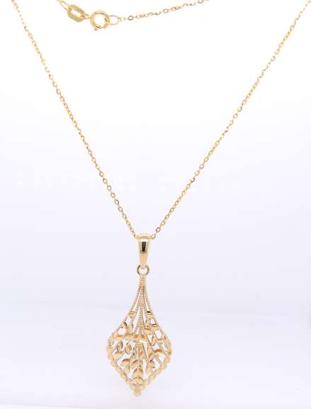 Powerful Yellow Gold Filigree Teardrop Pendant on Chain