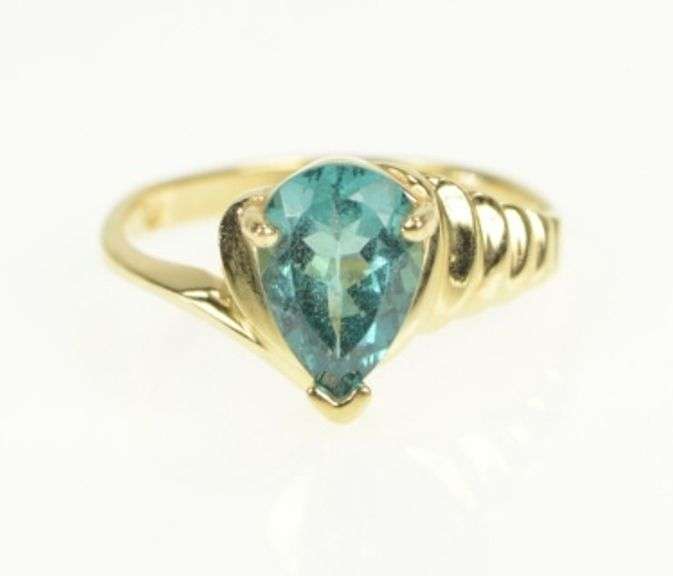 14K Yellow Gold Pear Cut Blue Topaz Scalloped Vintage Statement Ring