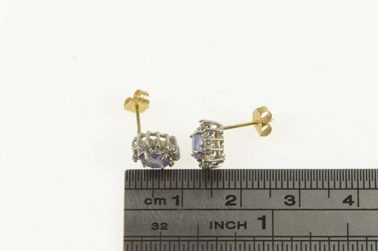 14K Yellow Gold Tanzanite Diamond Halo Vintage Stud Earrings