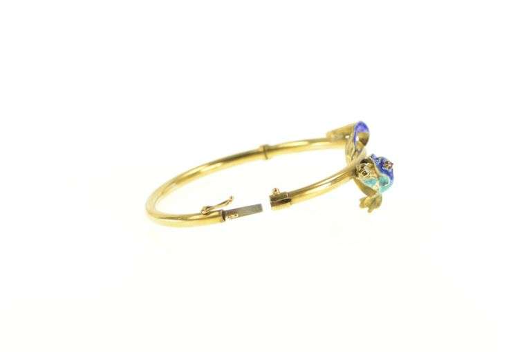 14K Yellow Gold 1930's Diamond Blue Enamel Fish Bangle Bracelet