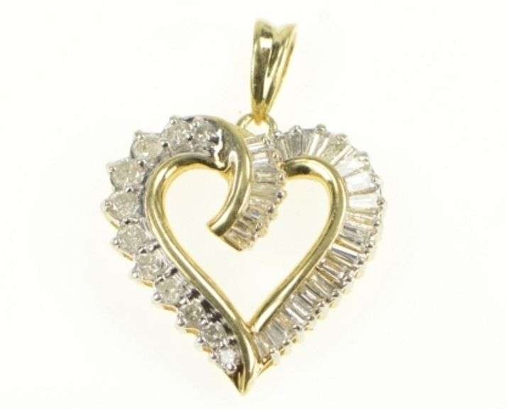 10K Yellow Gold 0.45 Ctw Baguette & Round Diamond Heart Pendant