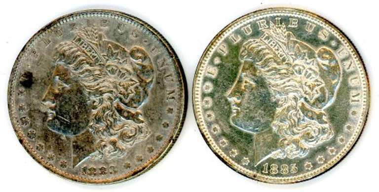 Two Different Morgan Silver Dollars: 1883-O & 1885