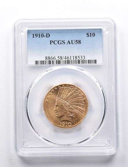 AU58 1910-D $10 Indian Head Gold Eagle PCGS