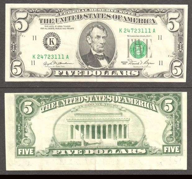 $5 1981 FRN Major Faulty Alignment on the back Very FIne+