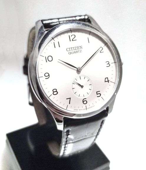 Citizen Be9061-27a Mens Watch Stainless Steel Quartz Silver Tone Dial Black Leather Strap