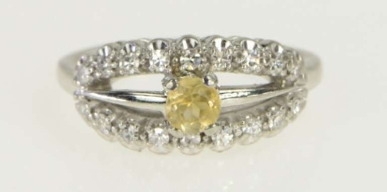 18K White Gold Art Deco Citrine Diamond Vintage Engagement Ring