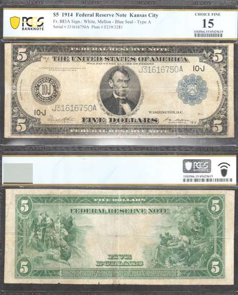 $5 1914 FRN Blue Seal and Serial numbers Kansas City PCGS BN Choice Fine 15