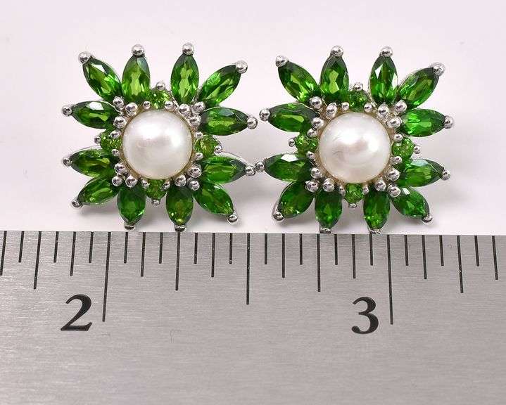 Pearl And Emerald Earrings In Sterling Silver