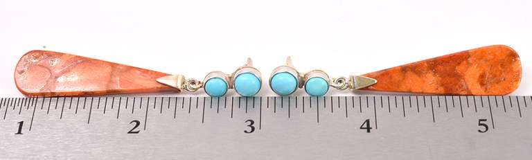 Blue Turquoise And Coral Earrings In Sterling Silver