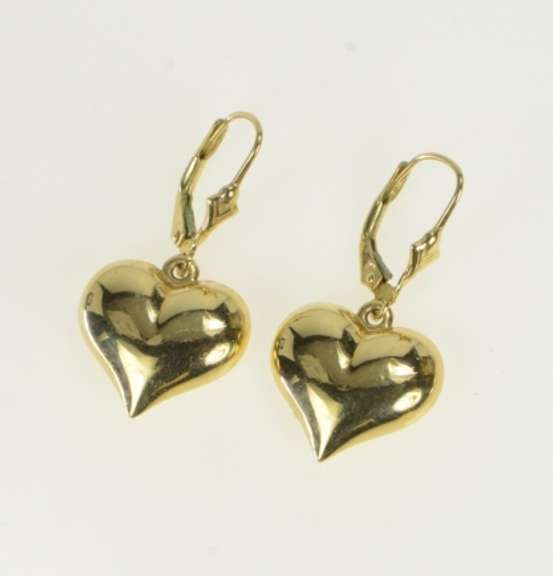 14K Yellow Gold Puffy Heart Love Symbol Dangle Vintage Earrings