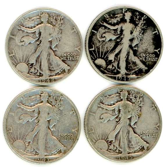 Four Different Walking Liberty Silver Half Dollars: 1942-1945