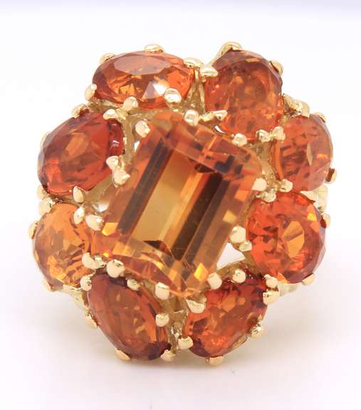 Fantastic Yellow Gold oval and Emerald Cut Citrine Cluster Ring