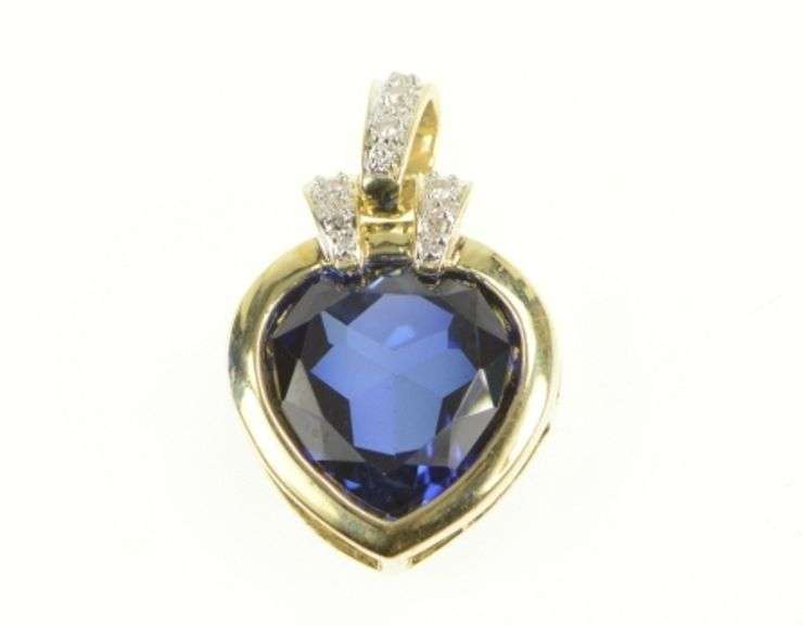 10K Yellow Gold Pear Syn. Sapphire Diamond Vintage Statement Pendant