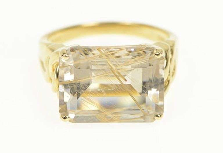 14K Yellow Gold Emerald Cut Rutilated Quartz Ornate Cocktail Ring