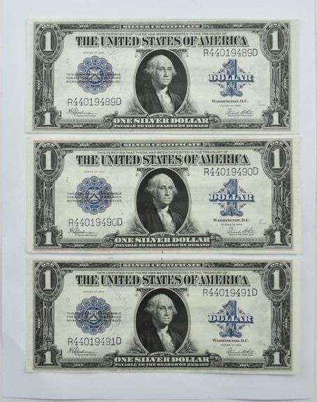 (3) 1923 $1 US Silver Certificate Consec. S/N Blue Seal Horse Blanket