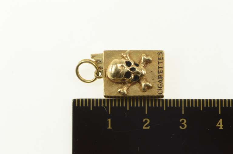 14K Yellow Gold Retro 3D Skull Crossbones Cigarette Pack Charm/Pendant