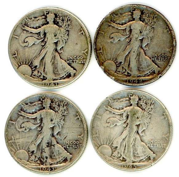Four Different Walking Liberty Silver Half Dollars: 1941-1945