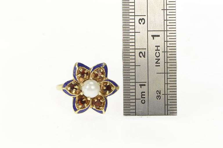 14K Yellow Gold Pearl Garnet Blue Enamel Flower Cocktail Ring