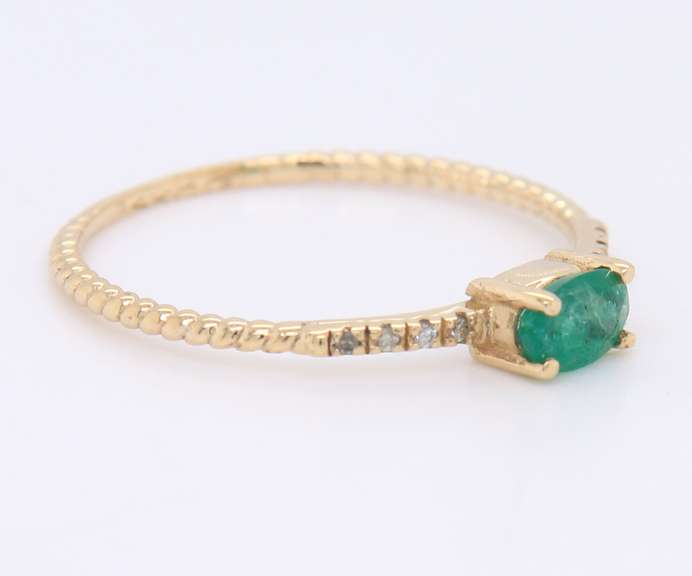 Handsome Yellow Gold oval Emerald and Diamond Stackable Ring