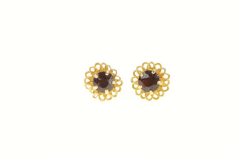 14K Yellow Gold Garnet Retro Flower Vintage Stud Earrings