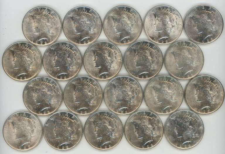 Choice BU Roll of twenty (20) 1922 Peace Silver Dollars. Fresh