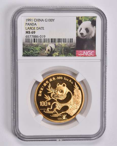 MS69 1991 China 100 Yuan 1 Oz. .999 Fine Gold Panda Large Date NGC