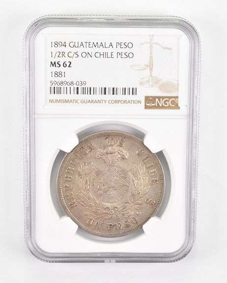 MS62 1894 Guatemala 1 Peso - 1/2R C/S On Chile Peso - Graded NGC