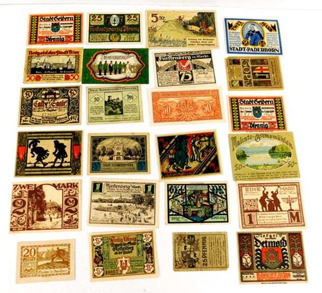 Large Lot of 24 Foreign Paper Money Notes, 1920's