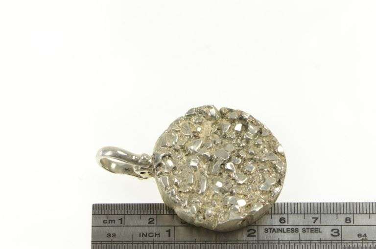 Sterling Silver Round Textured Nugget Abstract Heavy Medallion Pendant
