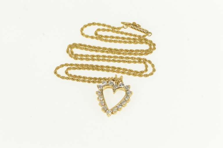 14K Yellow Gold 1.6mm Rope Chain Diamond Heart Love Necklace