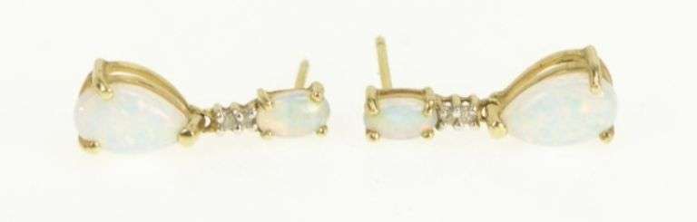 10K Yellow Gold Pear Syn. Opal Drop Dangle Diamond Accent Earrings