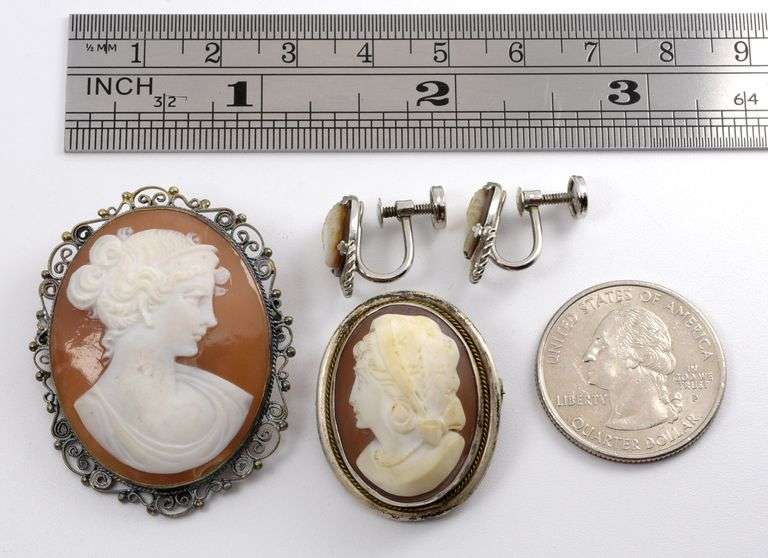 Group of 2 Cameos and 1 Pair of Cameo Earrings