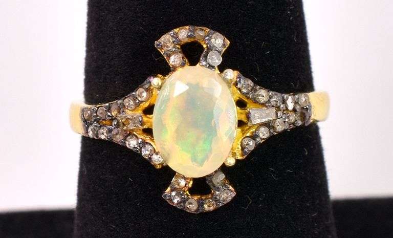 Enchanting 2.12CTS Opal & 0.24CTW Diamond Ring in Gold Plated Sterling Silver