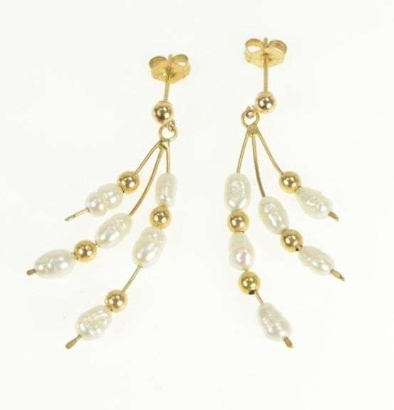 14K Yellow Gold Pearl Dangle Fringe Tassel Vintage Statement Earrings
